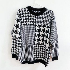Unknown Houndstooth Pied-de-poule Black & White Long Fall Sweater Vintage Sz L